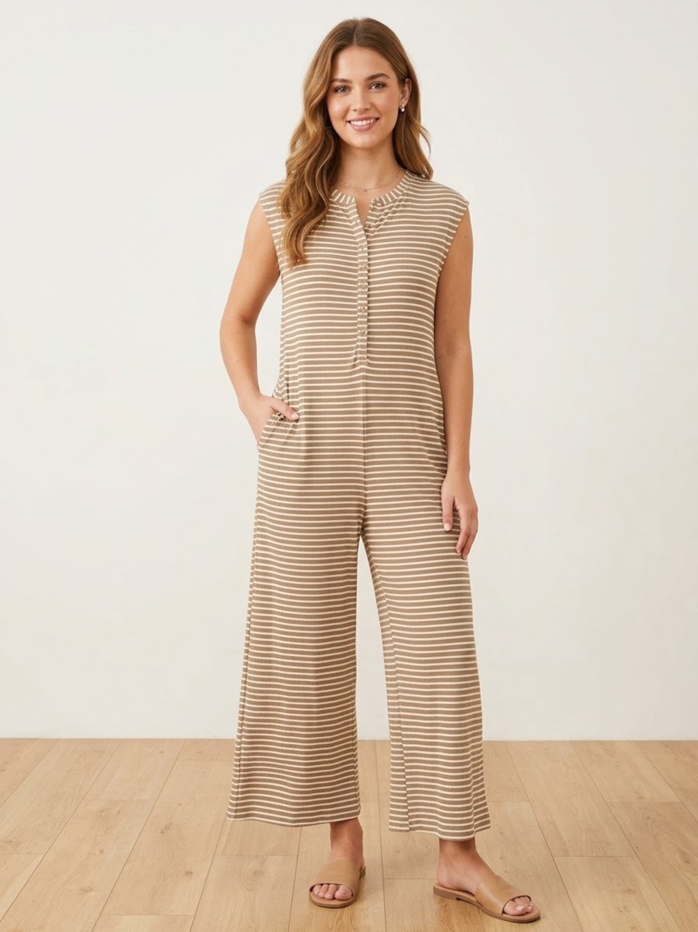 Umgee Brown and White Striped Sleeveless Jumpsuit